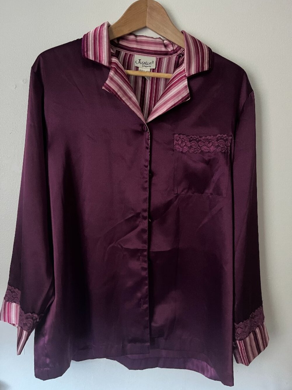 A burgundy purple satin pyjama top for women sizeL. from the Jessica collection